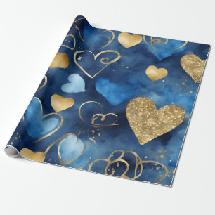 Aquarell Blau und Gold Tinte Valentinstag Herzen Geschenkpapier