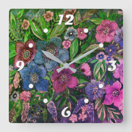 Aquarell, blau und lila, Anemone Aquarell Quadratische Wanduhr