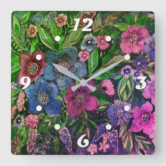 Aquarell, blau und lila, Anemone Aquarell Quadratische Wanduhr (Vorderseite)