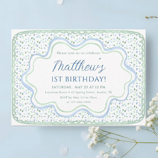 Aquarell Blau und Sage Grün 1. Geburtstag Party Einladung
