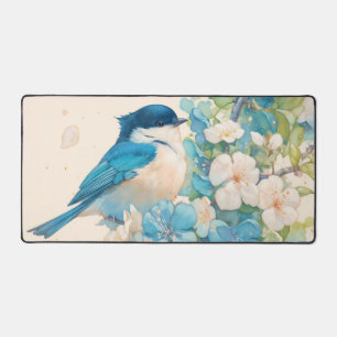 Aquarell Blau Vogel Frühlingsblüte Schreibtischunterlage