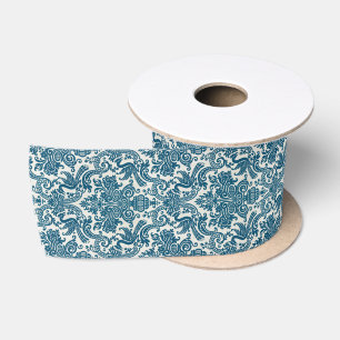 Aquarell Blau & Weiß Florales Vintage-Muster Satinband