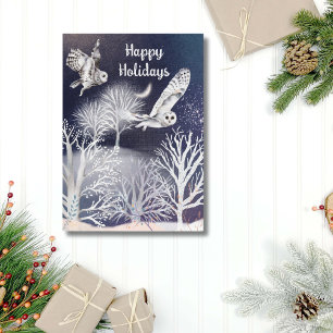 Aquarell Blau & Weiß Schneeeule Bäume Weihnachten
