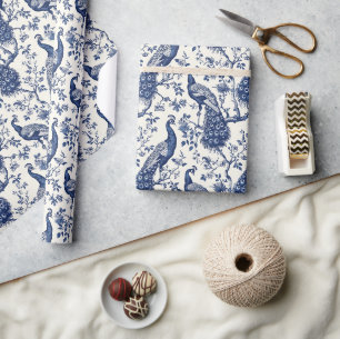 Aquarell blau-weiße chinesische Pfauen-Chinoiserie Geschenkpapier