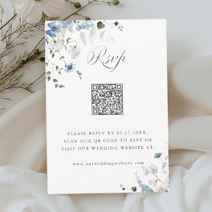 Aquarell Blau Weiße Grüne Florale Hochzeits-QR-Cod RSVP Karte
