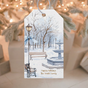 Aquarell Blau Winterpark Szene Frohe Feiertage Geschenkanhänger