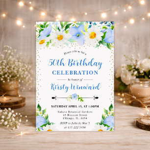 Aquarell Blaue Blumen und Gänseblümchen 50. Geburt Einladung