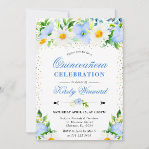 Aquarell Blaue Blumen und Gänseblümchen Quinceaner Einladung