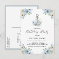 Aquarell Blaue Blumene Anchor Nautischer Geburtsta