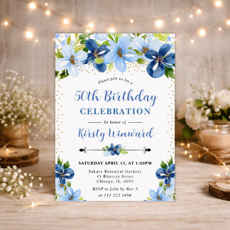 Aquarell Blaue Sommerblumen 50. Geburtstag Einladung