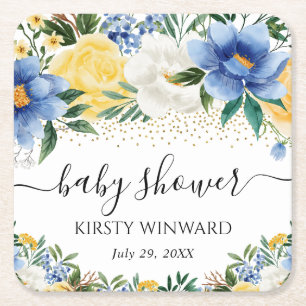 Aquarell Blaue und Gelbe Blumen Babyparty Rechteckiger Pappuntersetzer
