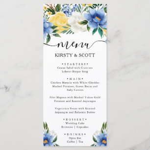 Aquarell Blaue und Gelbe Blumen Hochzeit Menükarte