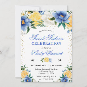 Aquarell Blaue und Gelbe Blumen Sweet 16 Einladung