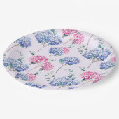 Aquarell Blaue und Rosa Hortensien Blumenmuster Pappteller (Schrägansicht)