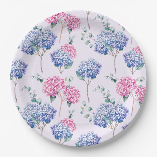 Aquarell Blaue und Rosa Hortensien Blumenmuster Pappteller (Vorderseite)