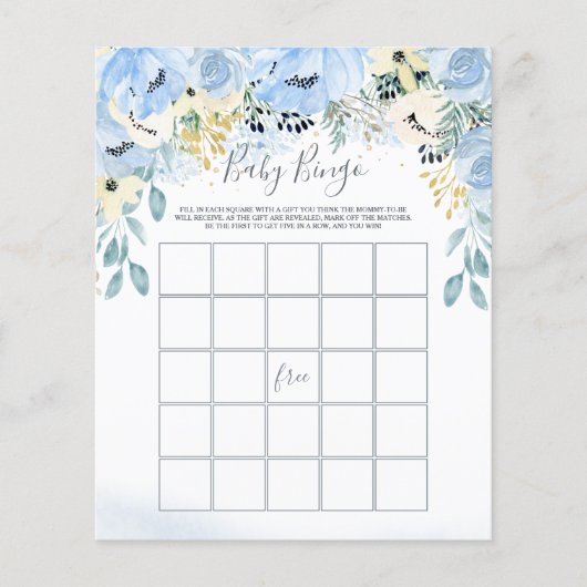 Aquarell Blauer Baby Dusche Bingo Spiel (Vorderseite)