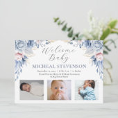 Aquarell Blauer Blumenjungen 3 Foto Geburt Ankündigung (Stehend Vorderseite)