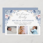 Aquarell Blauer Blumenjungen 3 Foto Geburt Ankündigung (Vorne/Hinten)