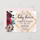 Aquarell Blauer Rosa Burgundy Gold Baby Dusche Einladung (Vorne/Hinten)