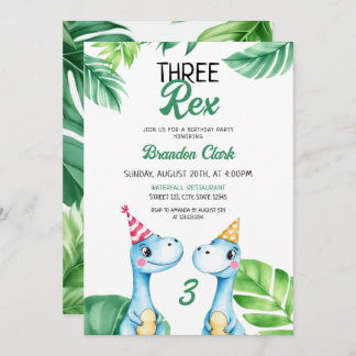 Aquarell Blauer Trex Grüne Kinder 3. Geburtstag Einladung