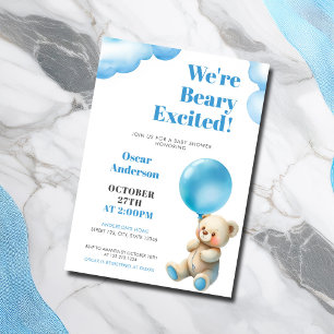 Aquarell Blaues Ballon Sitzender Bär Baby Shower Einladung