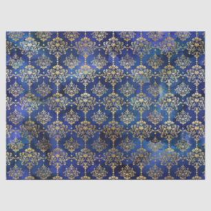 Aquarell Blaues Muster mit Gold Damast Seidenpapier