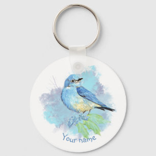Aquarell Blaues Vögelchen Hübsche Blaue Garten Vog Schlüsselanhänger