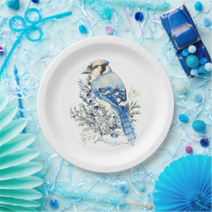 Aquarell Blauhäher Vogel Blaubeeren Landkunst Pappteller