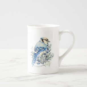 Aquarell Blauhäher Vogel Blaubeeren Landkunst Porzellantasse