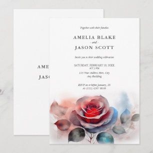 Aquarell bläulich rote Rose auf weißer Hochzeit Einladung