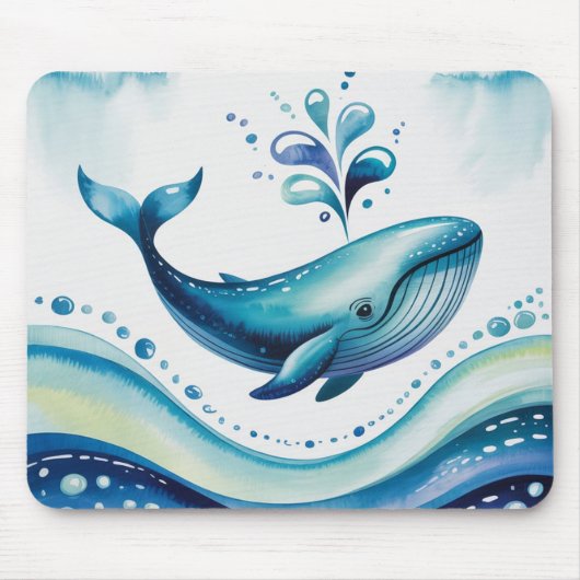 Aquarell Blauwal & Blasenpunkte-Mauspad Mousepad (Vorne)