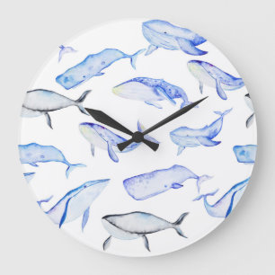 Aquarell-Blauwal-Muster Große Wanduhr