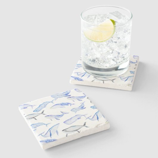 Aquarell-Blauwal-Muster Steinuntersetzer (Seitenansicht)