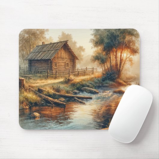 Aquarell Blockhütte im Morgennebel Mousepad (Mit Mouse)
