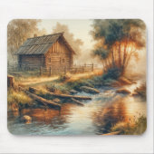 Aquarell Blockhütte im Morgennebel Mousepad (Vorne)