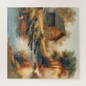 Aquarell Blockhütte im Morgennebel Puzzle (Horizontal)