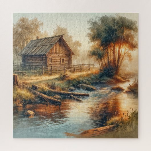 Aquarell Blockhütte im Morgennebel Puzzle (Vertikal)