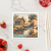 Aquarell Blockhütte im Morgennebel Serviette (Beispiel)