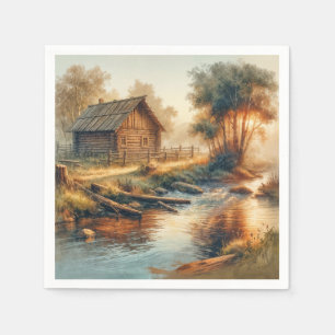 Aquarell Blockhütte im Morgennebel Serviette