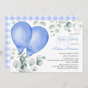 Aquarell Blue Ballons Niedlich Gingham Baby Shower Einladung