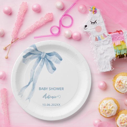 Aquarell Blue Bow Bow Baby Dusche Pappteller (Party)