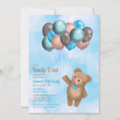 Aquarell Blue Brown Balloons Bear Baby Dusche Einladung (Vorderseite)