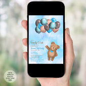 Aquarell Blue Brown Balloons Bear Baby Dusche Einladung