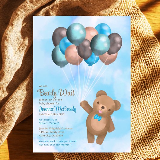 Aquarell Blue Brown Balloons Bear Baby Dusche Einladung
