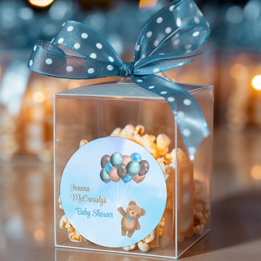 Aquarell Blue Brown Balloons Bear Baby Dusche Runder Aufkleber