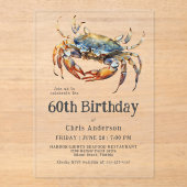 Aquarell Blue Crab Küste Meeresfrüchte 60. Geburts Acryleinladungen (Vorderseite)