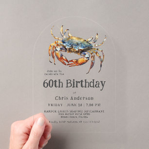 Aquarell Blue Crab Küste Meeresfrüchte 60. Geburts Acryleinladungen