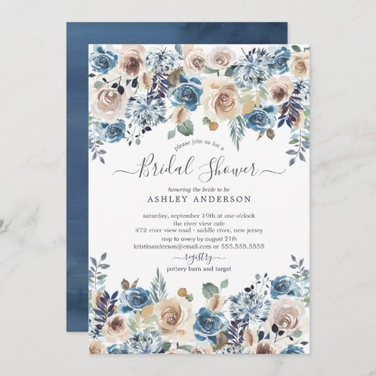 Aquarell Blue & Creme Floral Brautparty Einladung (Vorne/Hinten)
