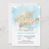 Aquarell Blue Gold Baby Dusche Feiern Einladung (Vorderseite)