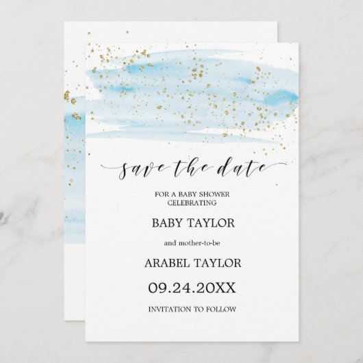 Aquarell Blue & Gold Baby Dusche Save the Date Einladung (Vorne/Hinten)